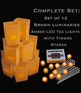 Set of 12 Brown Luminaries, LED Tea Lights w/ Timers & Stakes