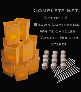Set of 12 Brown Luminaries, Candles, Holders & Stakes