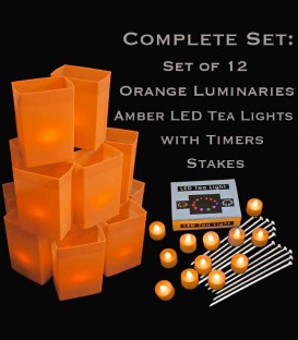 Set of 12 Orange Luminaries, LED Tea Lights w/ Timers & Stakes