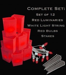 Set of 12 Red Luminaries, White Light String, Red Bulbs & Stakes