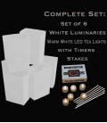 Set of 6 White Luminaries, LED Tea Lights w/ Timers & Stakes