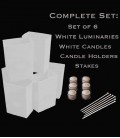 Set of 6 White Luminaries, Candles, Holders & Stakes