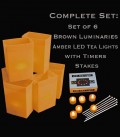 Set of 6 Brown Luminaries, LED Tea Lights w/ Timers & Stakes