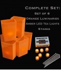 Set of 6 Orange Luminaries, LED Tea Lights w/ Timers & Stakes