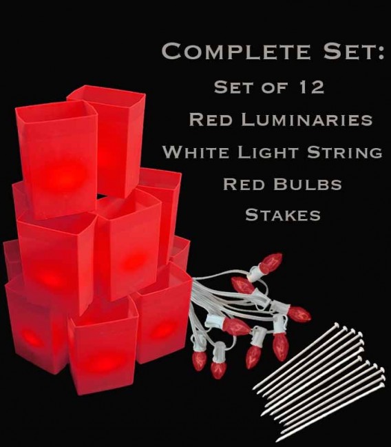 Set of 12 Red Luminaries, White Light String, Red/Green Bulbs & Stakes