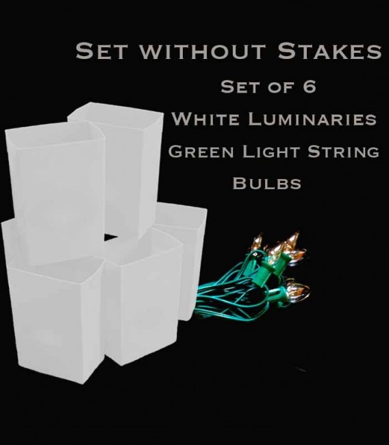 Set of 6 White Luminaries, green light string with clear bulbs, no stakes