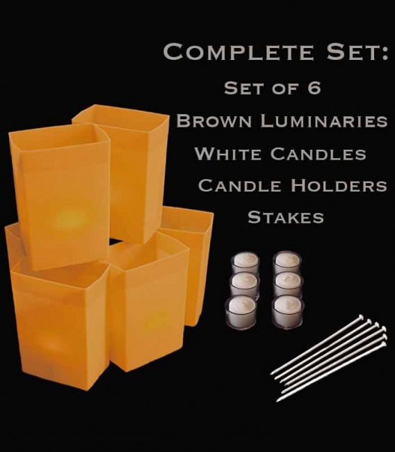 Set of 6 Brown Luminaries, white candles & holders, stakes