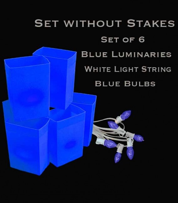 Set of 6 Blue Luminaries, white light strings with blue bulbs, no stakes
