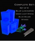 Set of 6 Blue Luminaries, Light String, Bulbs & Stakes