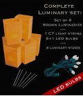 Set of 6 Brown Luminaries, Light String, LED Bulbs & Stakes
