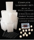 Set of 12 White Luminaries, "XtraBrite" LED Tea Lights w/ Timers & Stakes