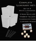 Set of 6 White Luminaries, "XtraBrite" LED Tea Lights w/ Timers & Stakes