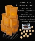 Set of 12 Brown Luminaries, "XtraBrite" LED Tea Lights w/ Timers & Stakes