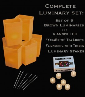 Set of 6 Brown Luminaries, "XtraBrite" Amber LED Tea Lights w/ Timers & Stakes