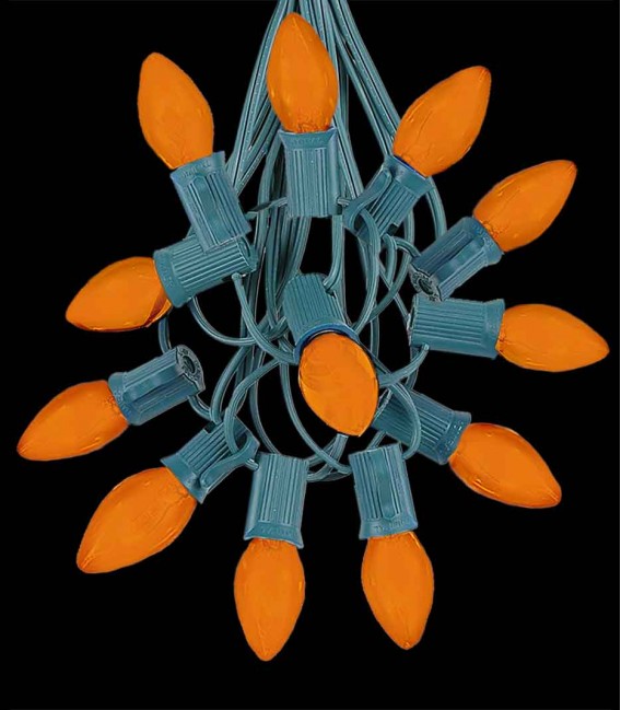 12 Socket Green Electric Light Strings, Orange LED Bulbs