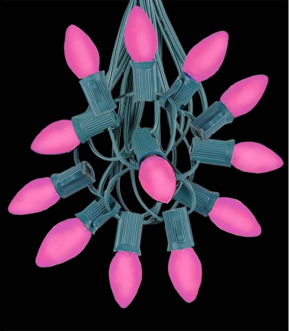 12 Socket Green Electric Light Strings, Pink LED Bulbs
