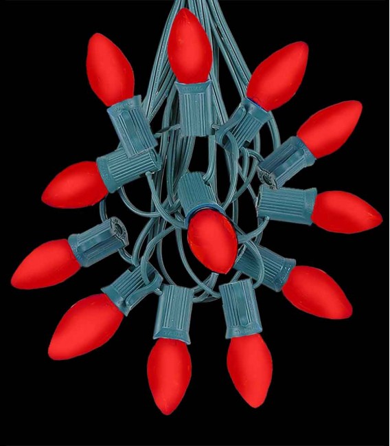 12 Socket Green Electric Light Strings, Red LED Bulbs
